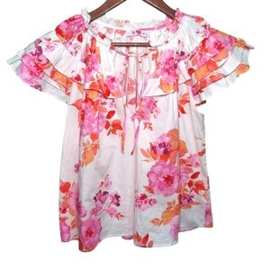Buddy Love Floral Cotton White Flutter Sleeve Ruffled Blouse Medium